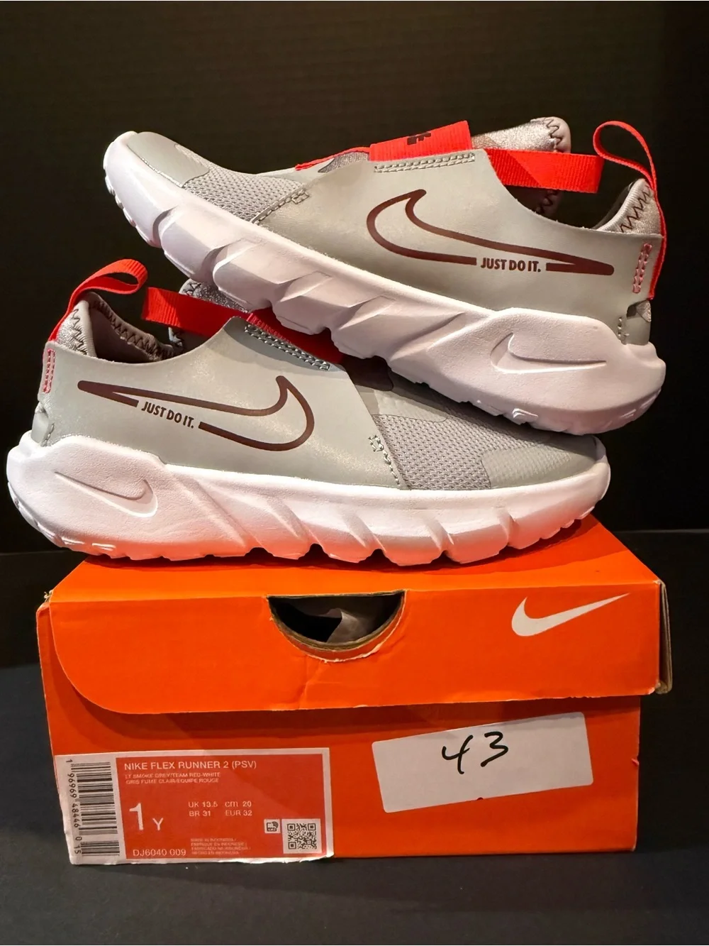 Nike Kids' Flex Runner 2 size 2Y Grey and Red Slip-On Sneakers -